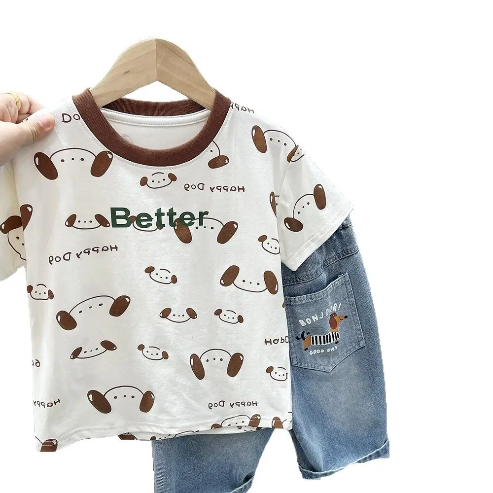 Boys T-Shirt Cartoon Print White Brown Green Shorts Set - Image 7