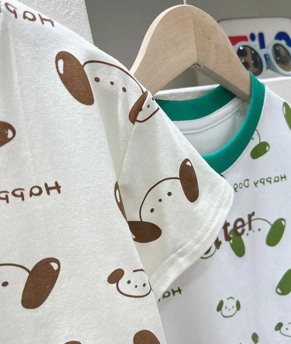 Boys T-Shirt Cartoon Print White Brown Green Shorts Set — feature 4