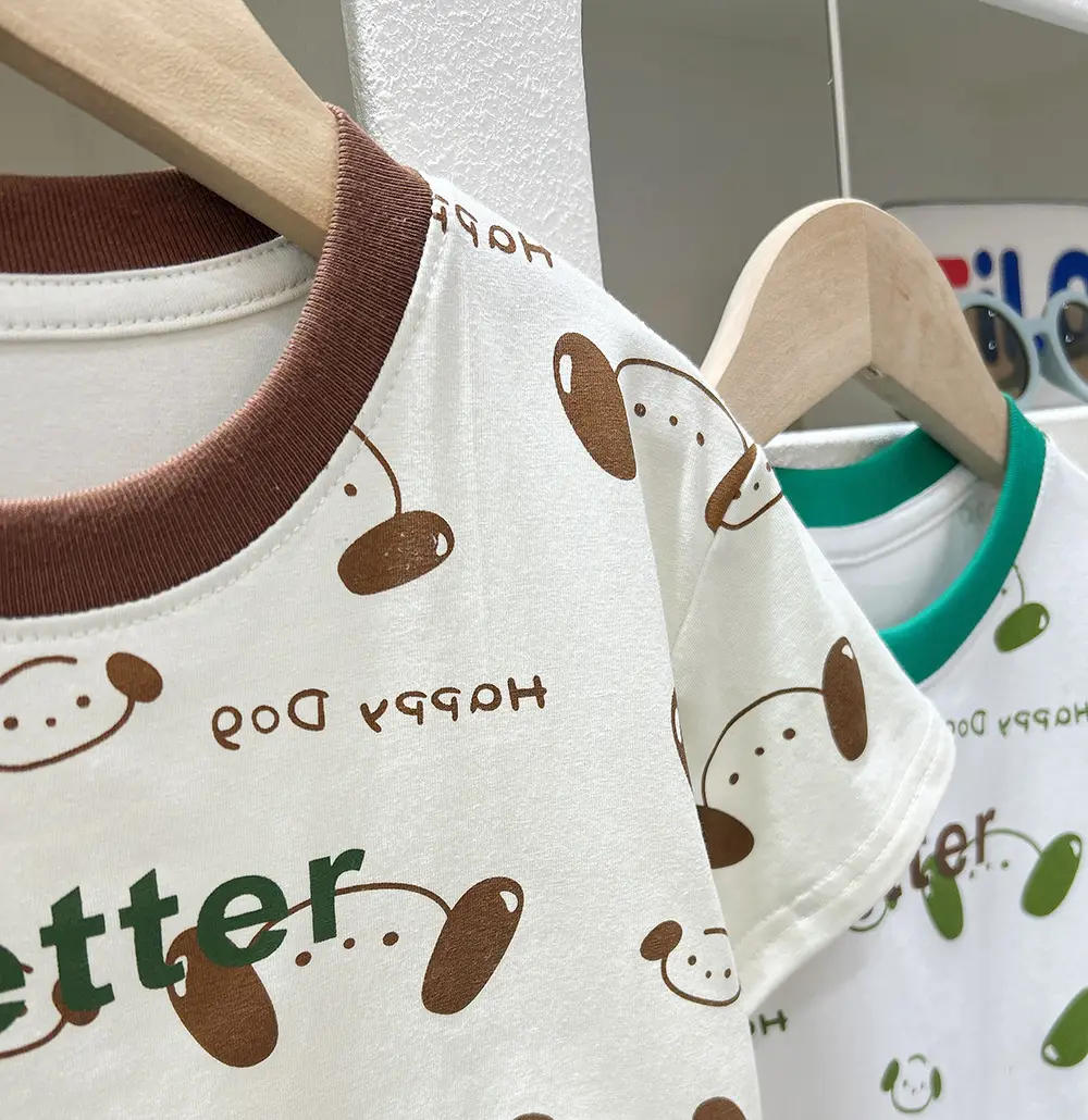 Boys T-Shirt Cartoon Print White Brown Green Shorts Set — feature 5