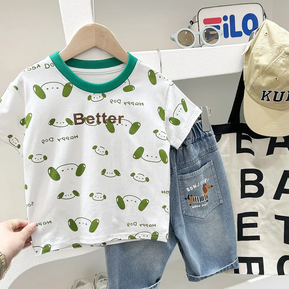 Boys T-Shirt Cartoon Print White Brown Green Shorts Set - Image 2