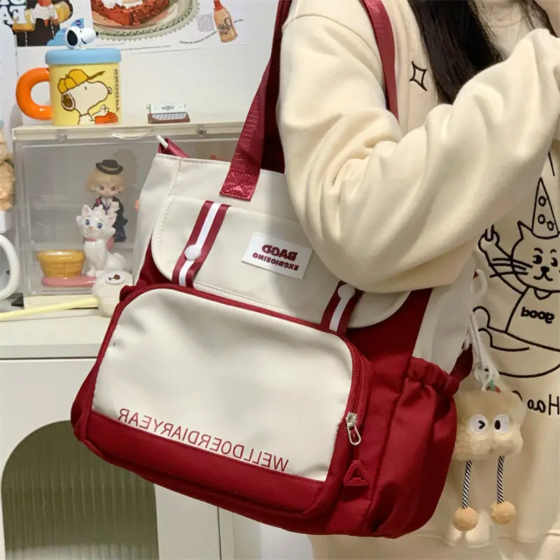 Student Tote Bag Brown White Contrast Large Capacity