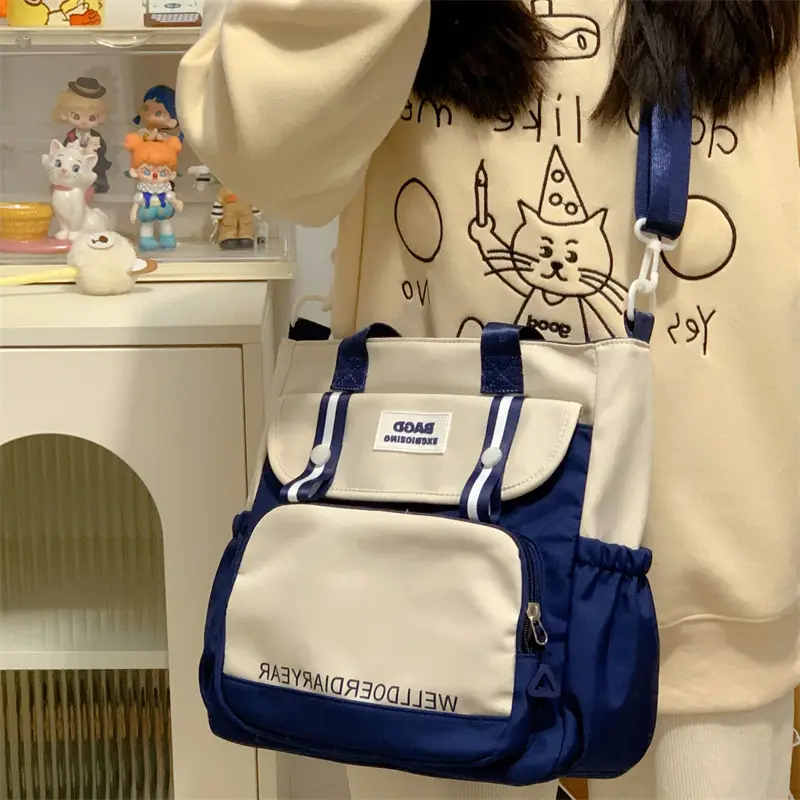 Student Tote Bag Brown White Contrast Large Capacity