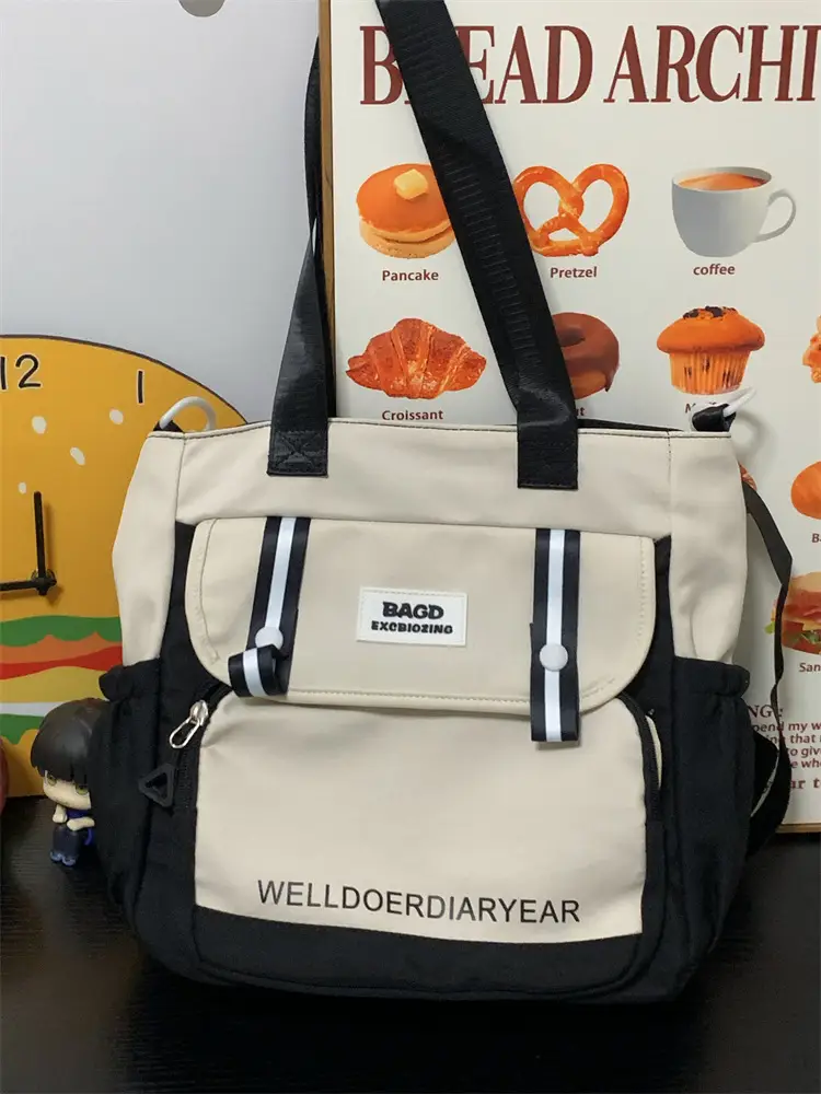 Student Tote Bag Brown White Contrast Large Capacity — feature 14