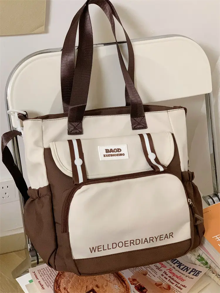 Student Tote Bag Brown White Contrast Large Capacity — feature 16