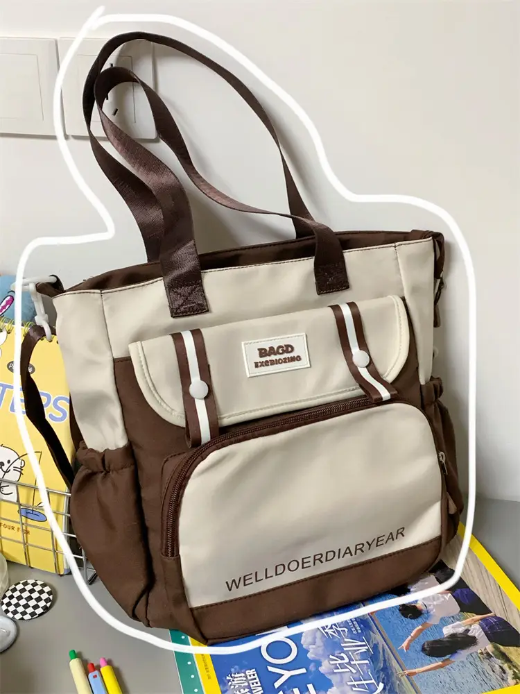 Student Tote Bag Brown White Contrast Large Capacity — feature 17