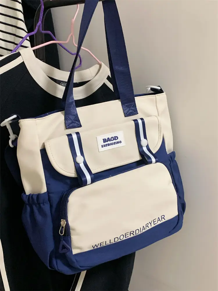 Student Tote Bag Brown White Contrast Large Capacity — feature 19