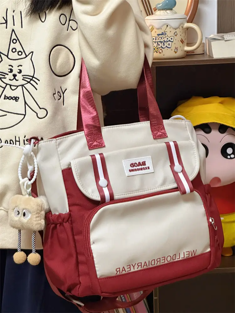 Student Tote Bag Brown White Contrast Large Capacity — feature 25