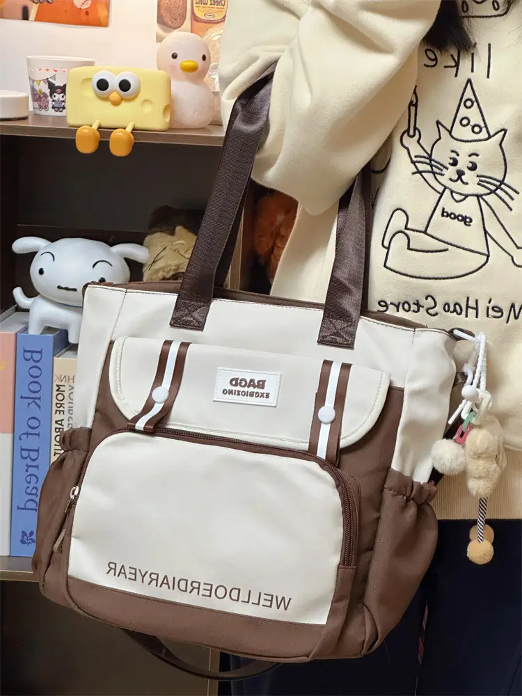 Student Tote Bag Brown White Contrast Large Capacity — feature 27