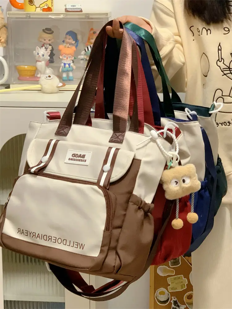 Student Tote Bag Brown White Contrast Large Capacity — feature 28
