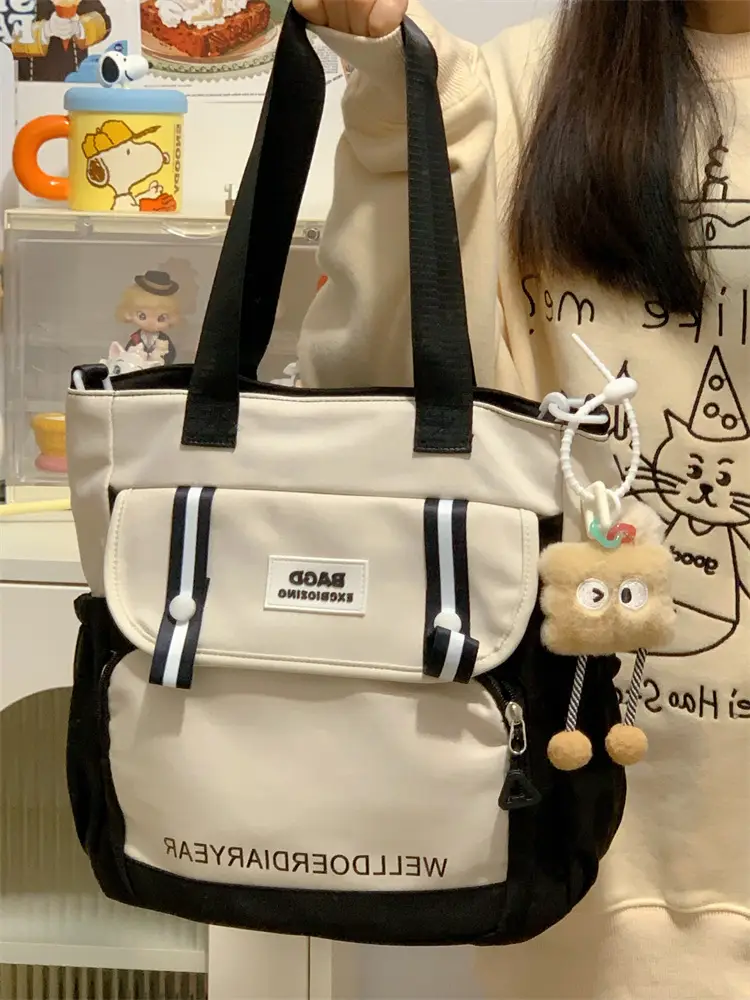 Student Tote Bag Brown White Contrast Large Capacity — feature 30