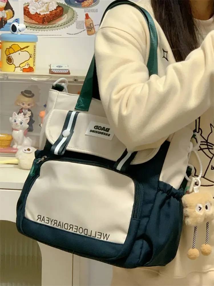 Student Tote Bag Brown White Contrast Large Capacity — feature 31