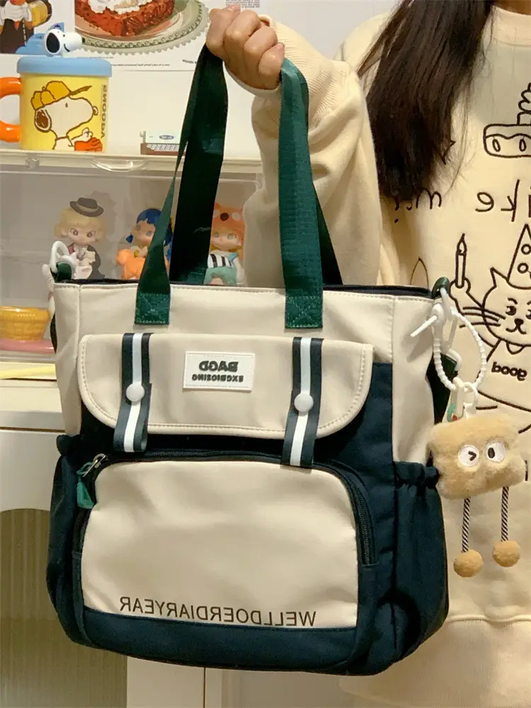 Student Tote Bag Brown White Contrast Large Capacity — feature 32