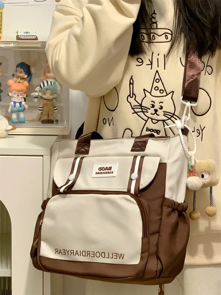 Student Tote Bag Brown White Contrast Large Capacity — feature 35