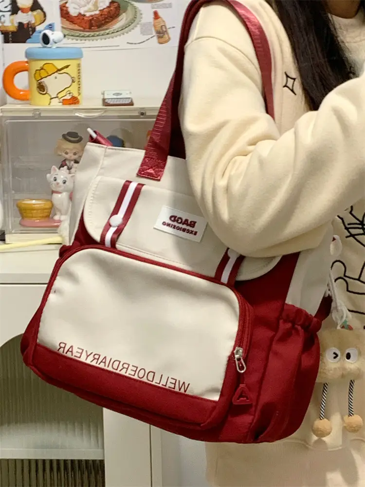 Student Tote Bag Brown White Contrast Large Capacity — feature 36