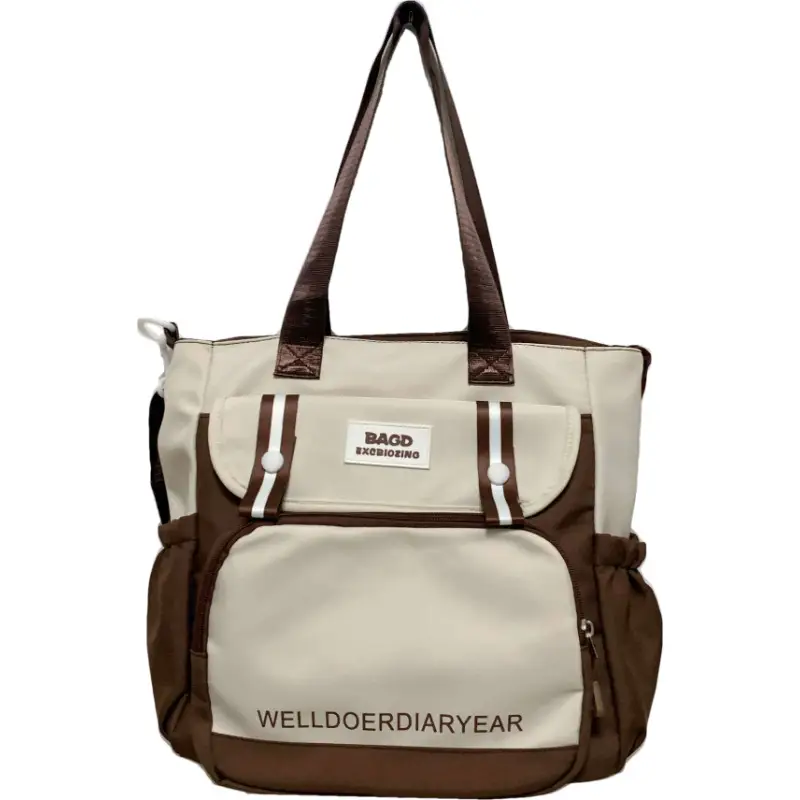 Student Tote Bag Brown White Contrast Large Capacity