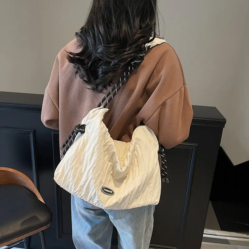 Women's Large Canvas Shoulder Bag with Braided Handle - Image 5