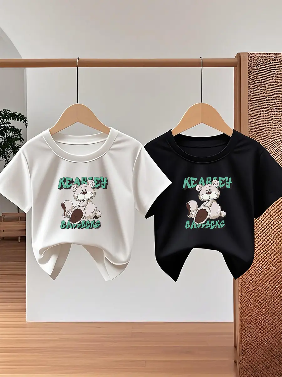 Girls Boys Cartoon Cotton T-Shirts White Black - Image 17