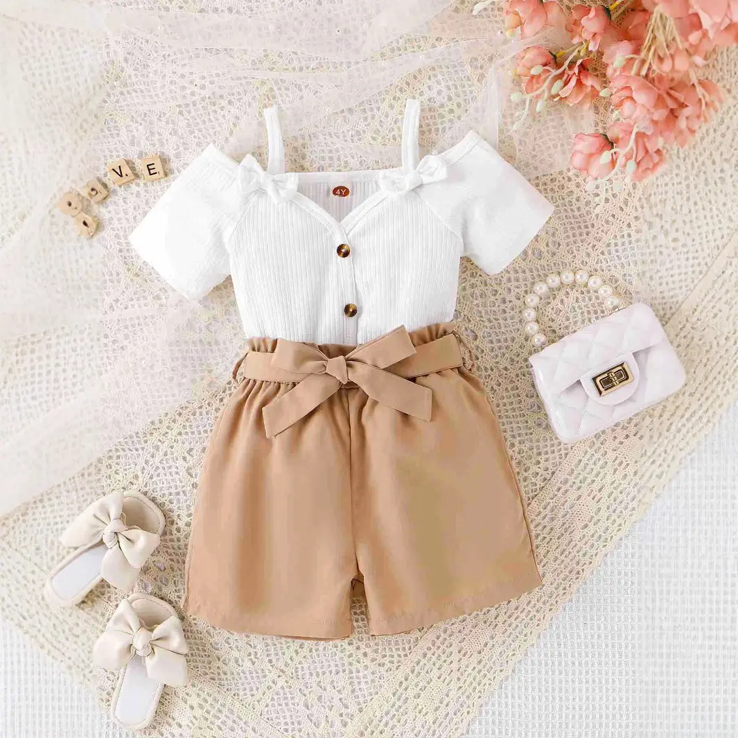 Girls White Sleeveless Belt Shorts Set Spring Summer - Image 2