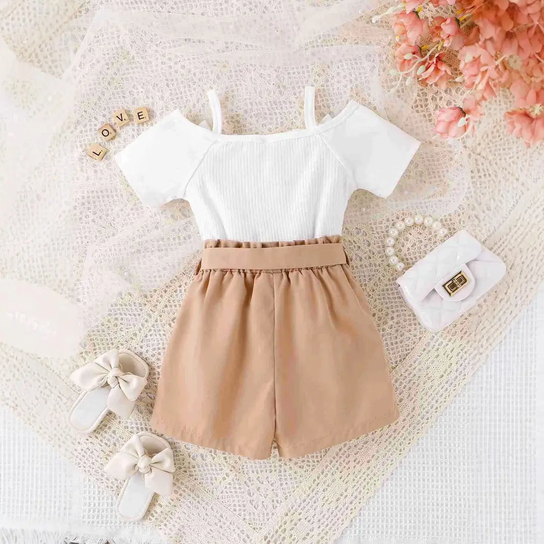Girls White Sleeveless Belt Shorts Set Spring Summer - Image 3
