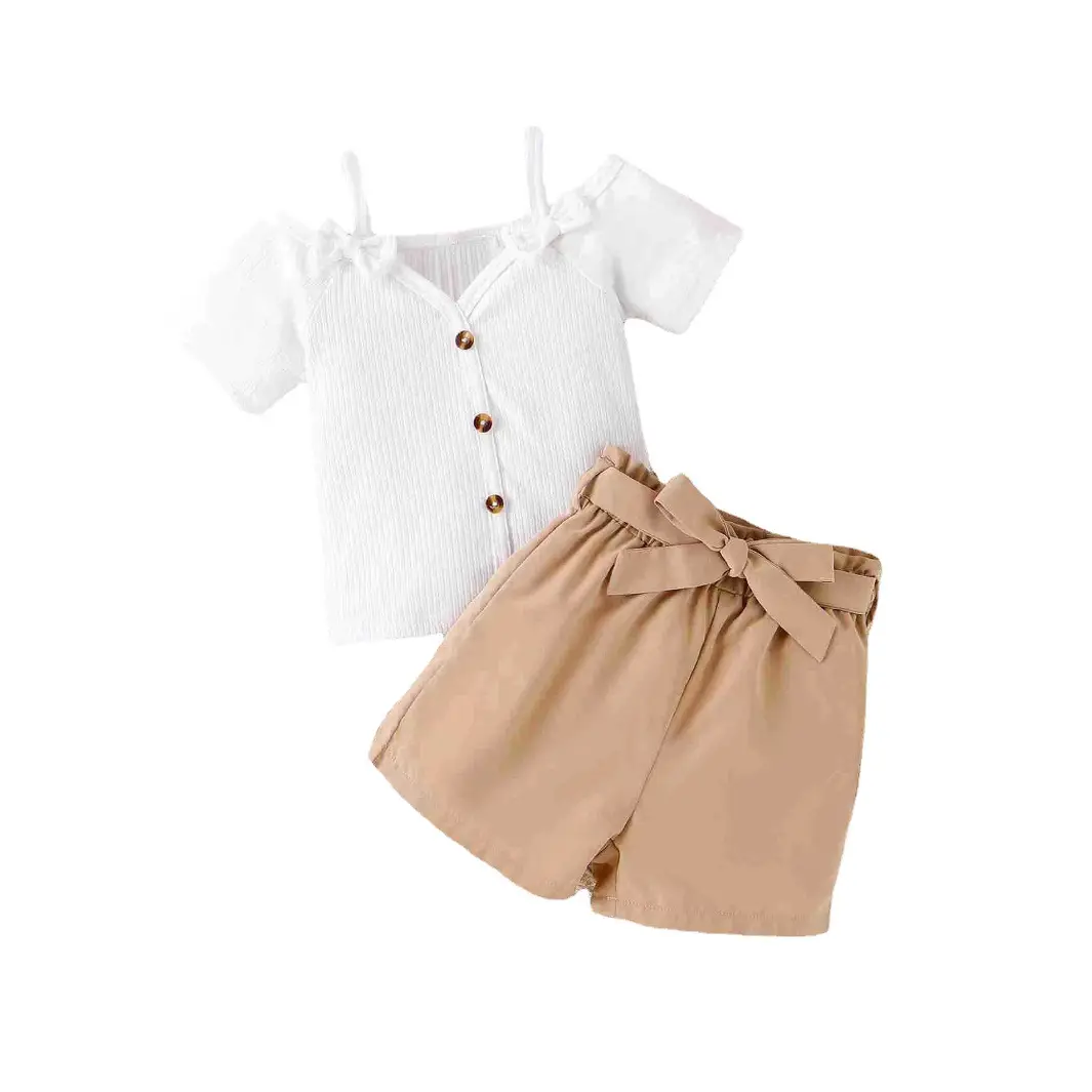 Girls White Sleeveless Belt Shorts Set Spring Summer - Image 5