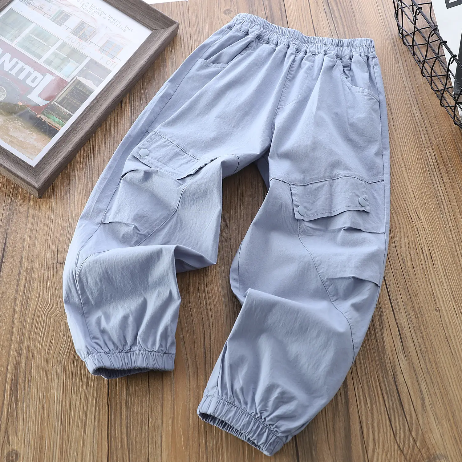 Boys Summer Loose Pants Light Grey Cotton Trousers