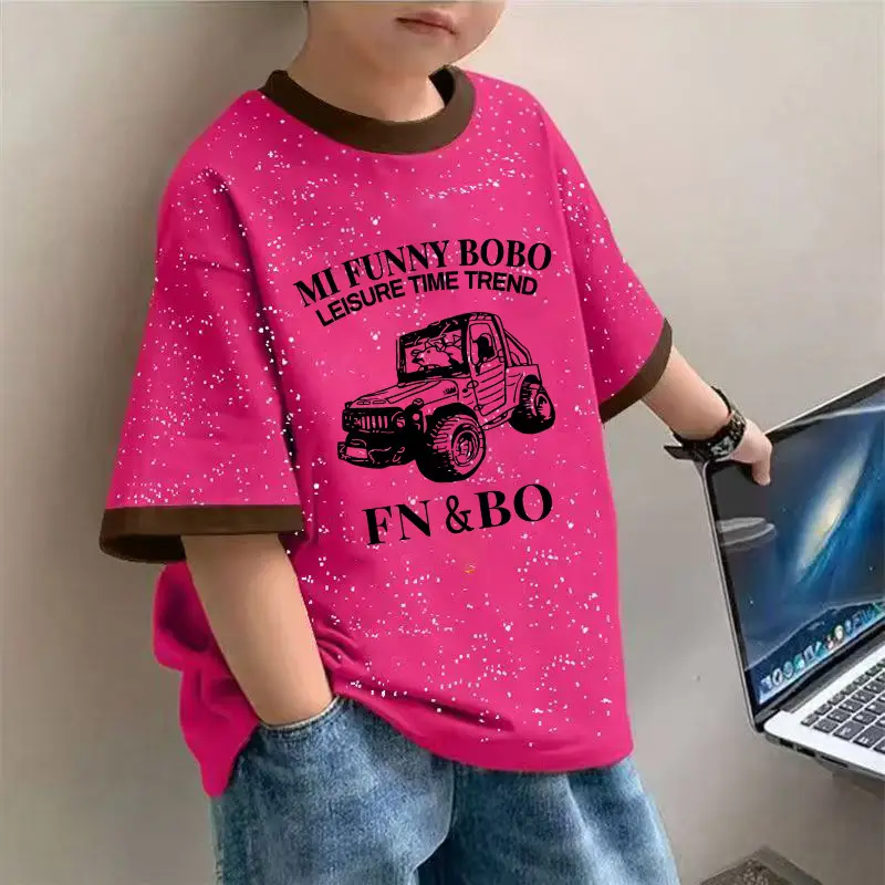 2025 Boys Cotton Tie-Dye T-Shirt Cartoon Print Pink - Image 5
