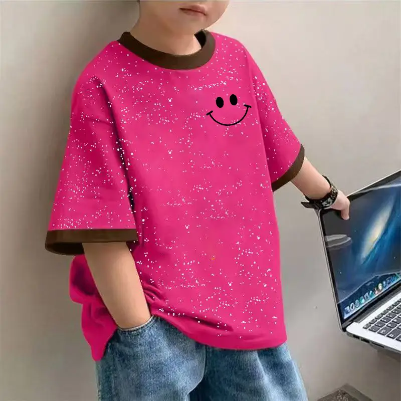 2025 Boys Cotton Tie-Dye T-Shirt Cartoon Print Pink - Image 7