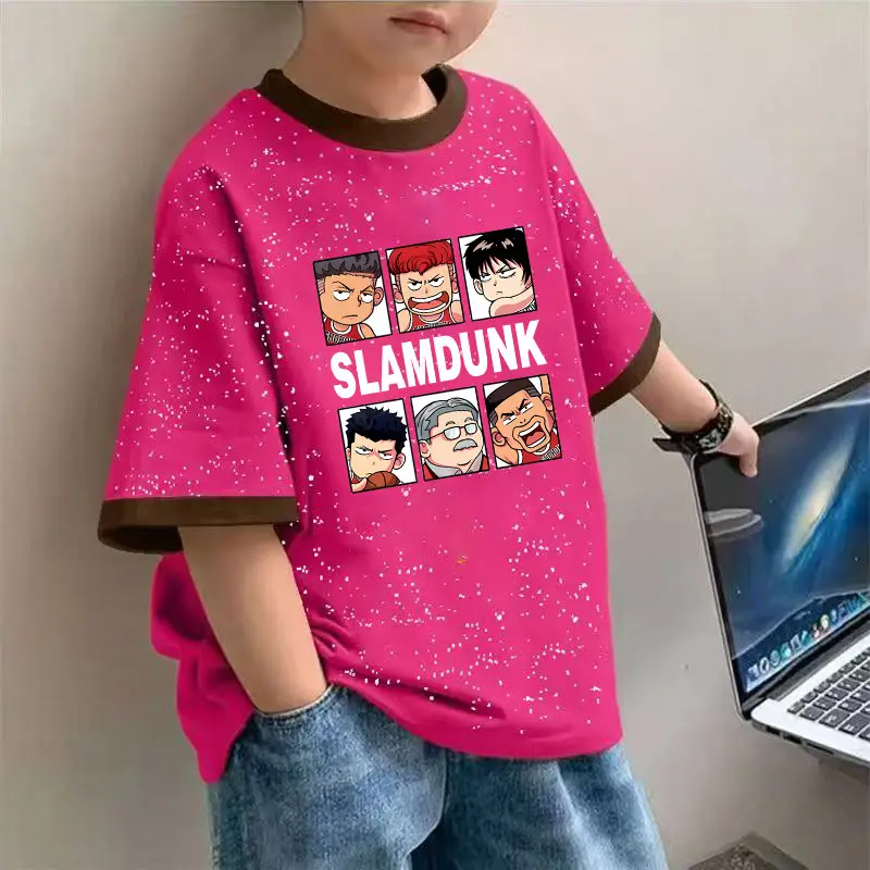 2025 Boys Cotton Tie-Dye T-Shirt Cartoon Print Pink