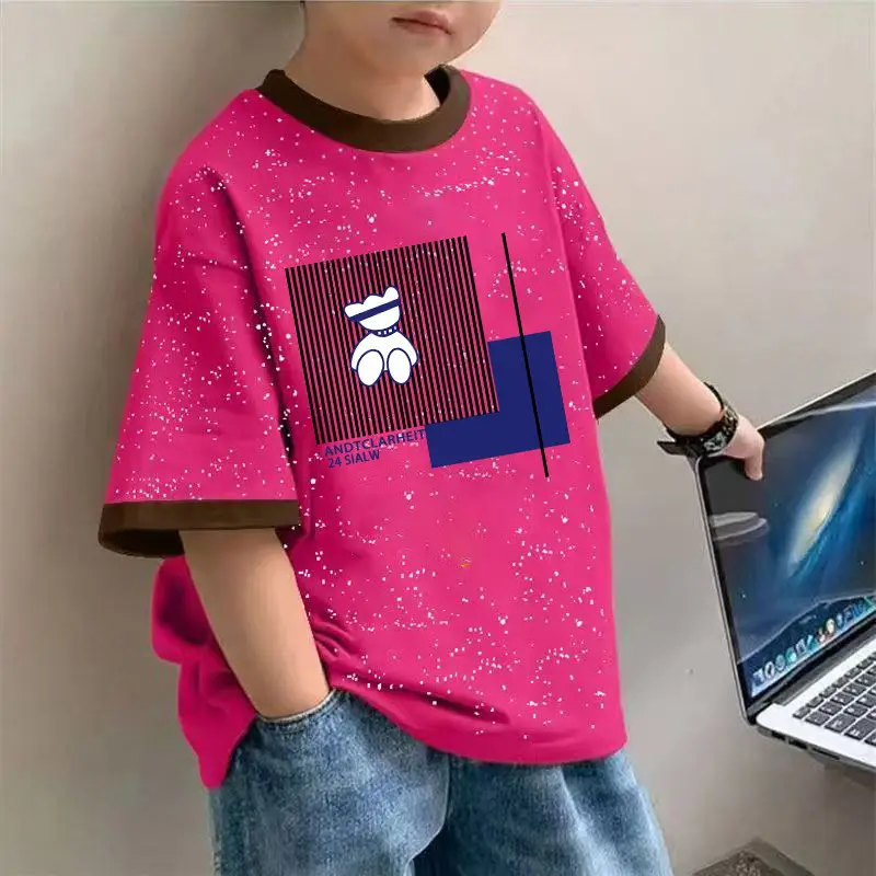 2025 Boys Cotton Tie-Dye T-Shirt Cartoon Print Pink - Image 6