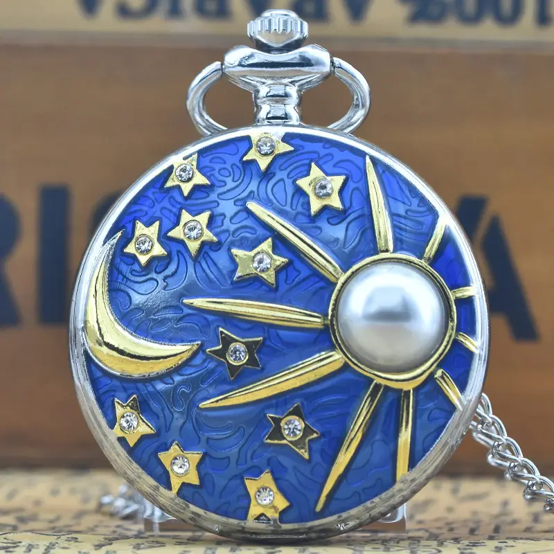 Blue Moon Star Pearl Pocket Watch with Chain