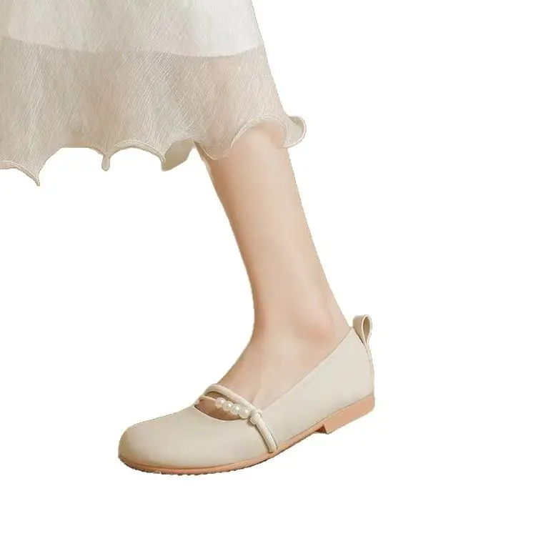 Round Toe French Pearl Mary Jane Shoes Women's Soft Sole Chanel Style 2025 New Evening Style Gentle Soft Leather Shallow Mouth Shoes - Image 7