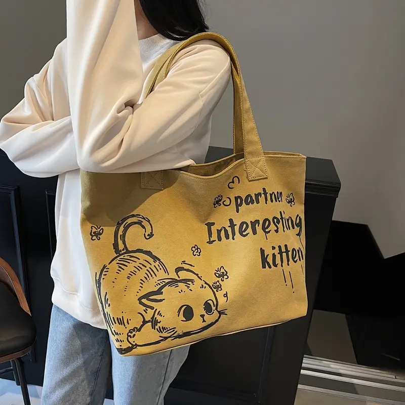 2025 Canvas Cat Print Shoulder Bag for School Commuters - Image 6