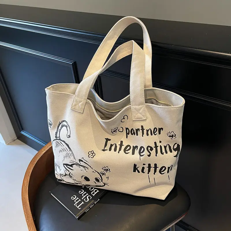 2025 Canvas Cat Print Shoulder Bag for School Commuters - Image 7
