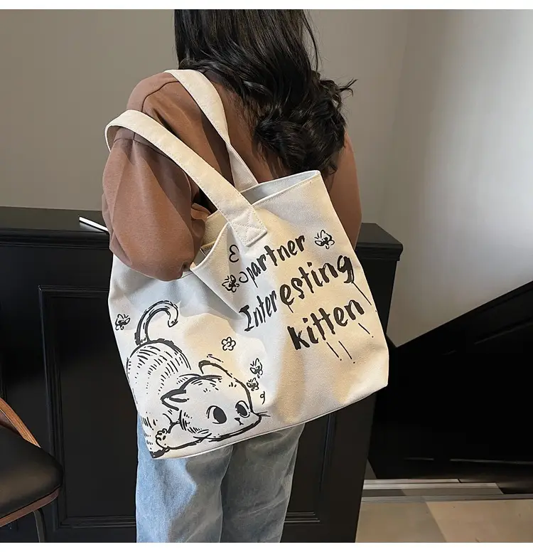 2025 Canvas Cat Print Shoulder Bag for School Commuters — feature 10
