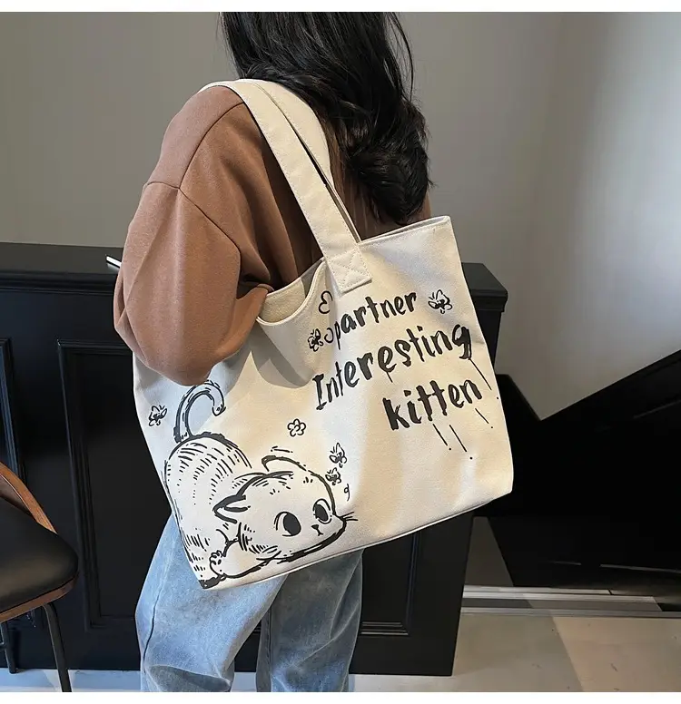 2025 Canvas Cat Print Shoulder Bag for School Commuters — feature 11