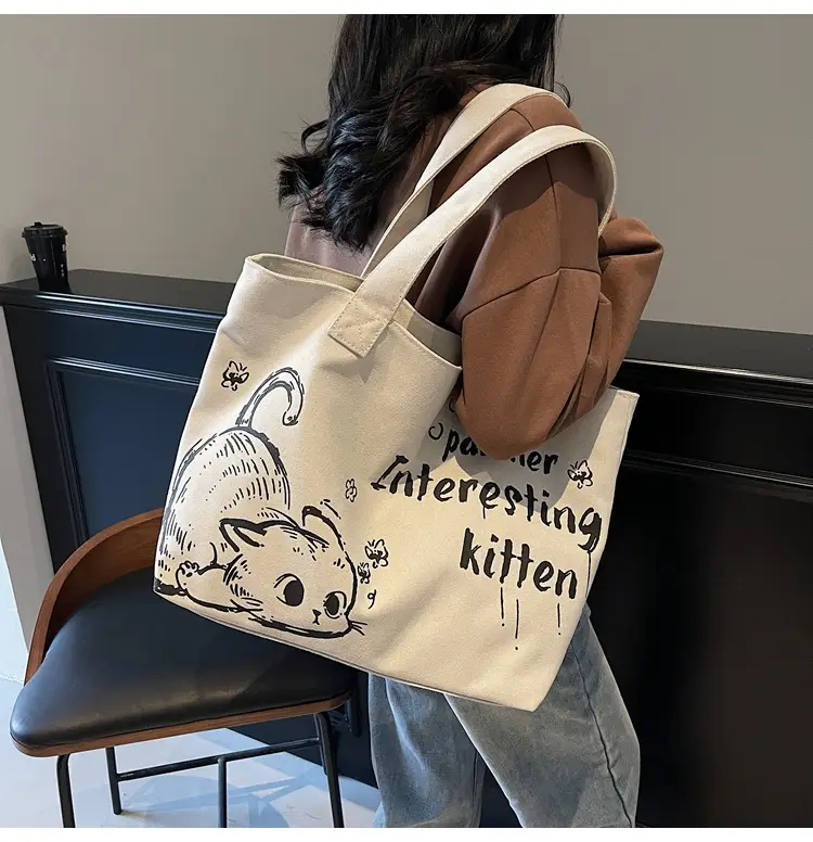 2025 Canvas Cat Print Shoulder Bag for School Commuters — feature 12