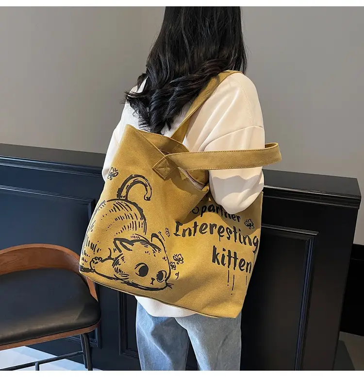 2025 Canvas Cat Print Shoulder Bag for School Commuters — feature 13