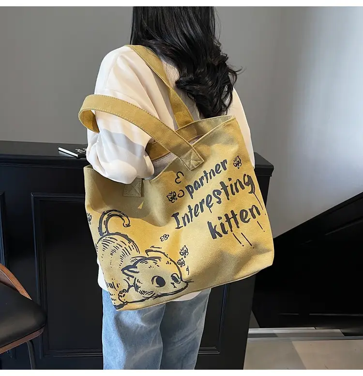 2025 Canvas Cat Print Shoulder Bag for School Commuters — feature 15