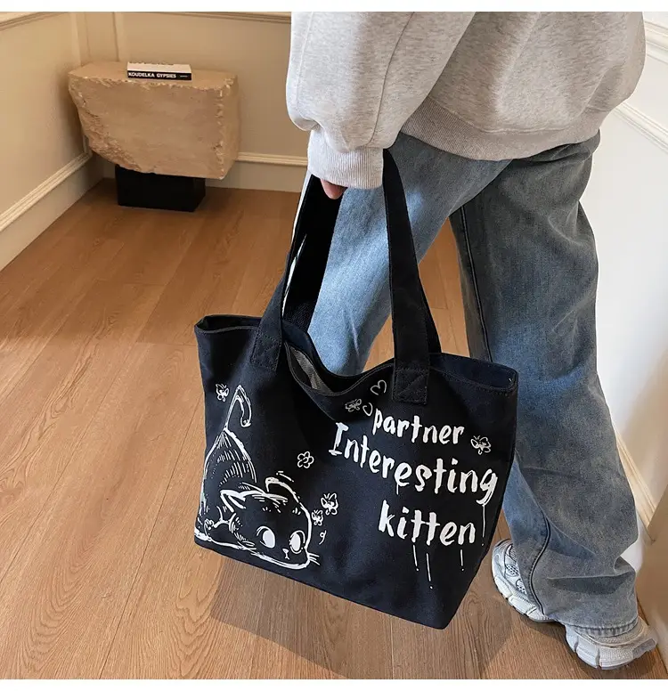 2025 Canvas Cat Print Shoulder Bag for School Commuters — feature 17