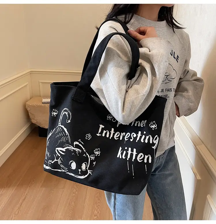 2025 Canvas Cat Print Shoulder Bag for School Commuters — feature 18