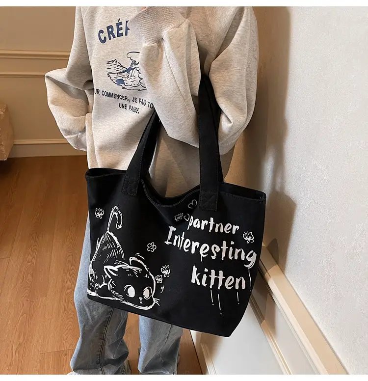 2025 Canvas Cat Print Shoulder Bag for School Commuters — feature 20