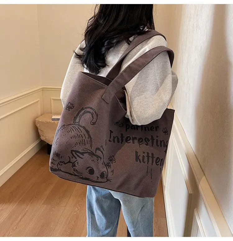 2025 Canvas Cat Print Shoulder Bag for School Commuters — feature 21