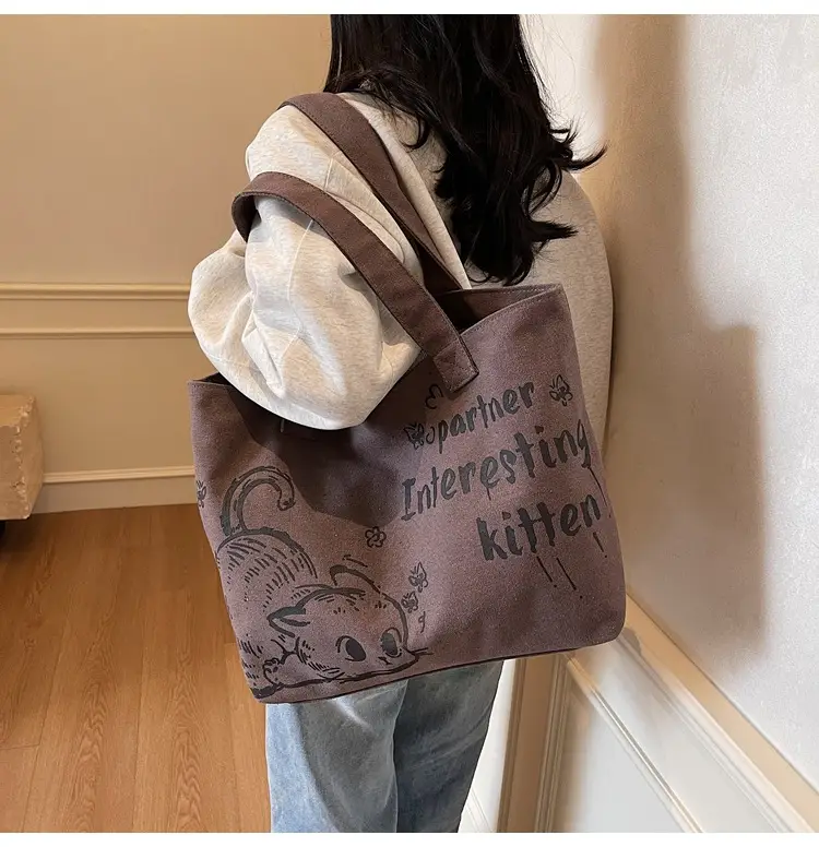 2025 Canvas Cat Print Shoulder Bag for School Commuters — feature 23