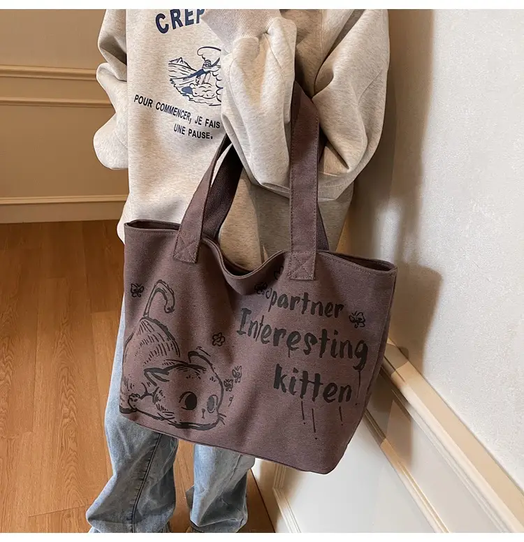 2025 Canvas Cat Print Shoulder Bag for School Commuters — feature 24