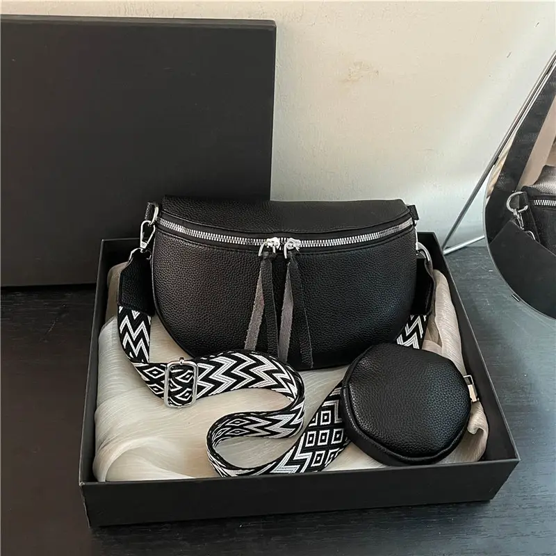 Black Women's Crossbody Bag with Logo & Tassel Design