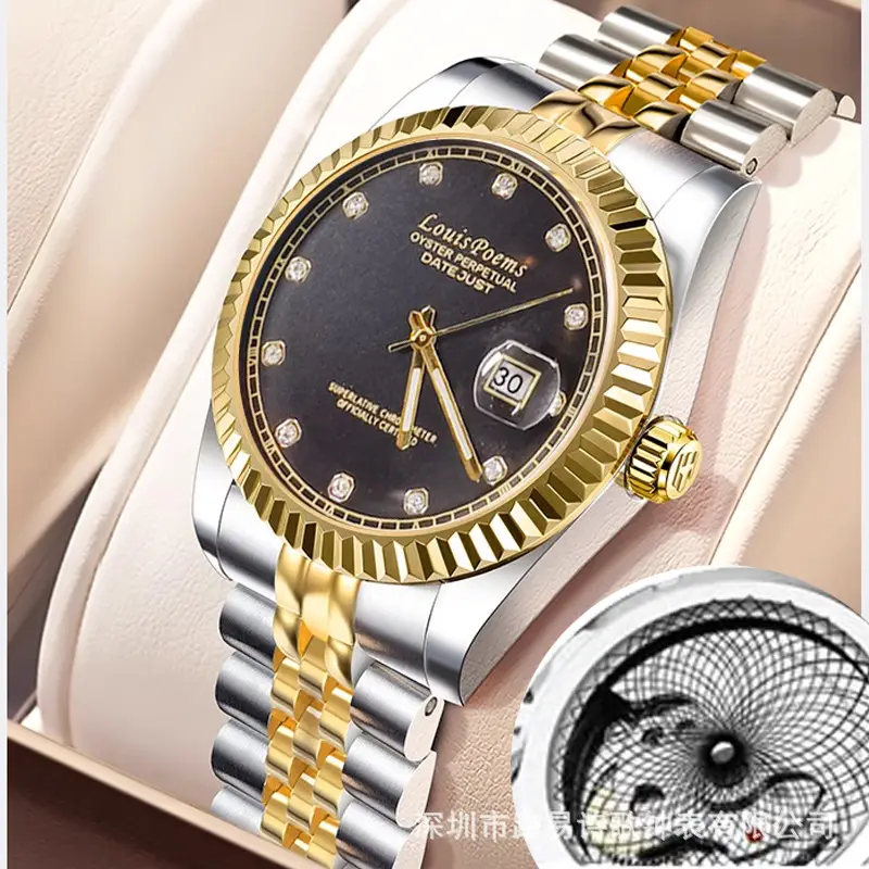 Men's Full Automatic Mechanical Watch Black Gold Stainless Steel - Image 4