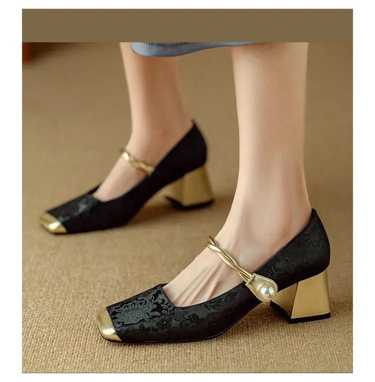 Spring High-heeled Shoes Women's Single-layer Shoes New Chinese Style National Style Color-matching Square-head Mary Jane Shoes French Pearl Thick Heel — feature 10