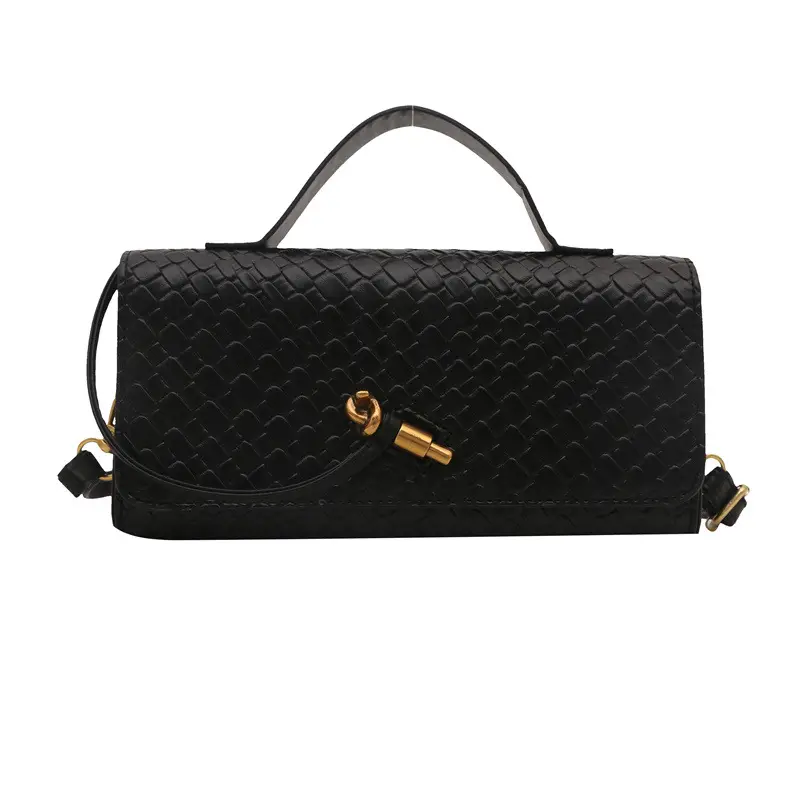 White Woven Korean Style Shoulder Bag with Gold Clasp - Image 8