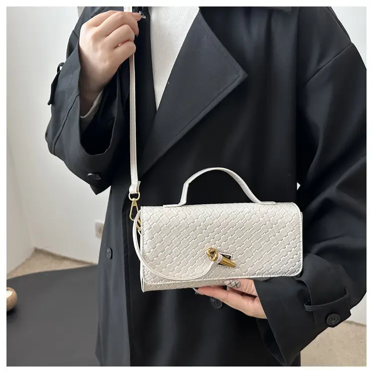 White Woven Korean Style Shoulder Bag with Gold Clasp — feature 17