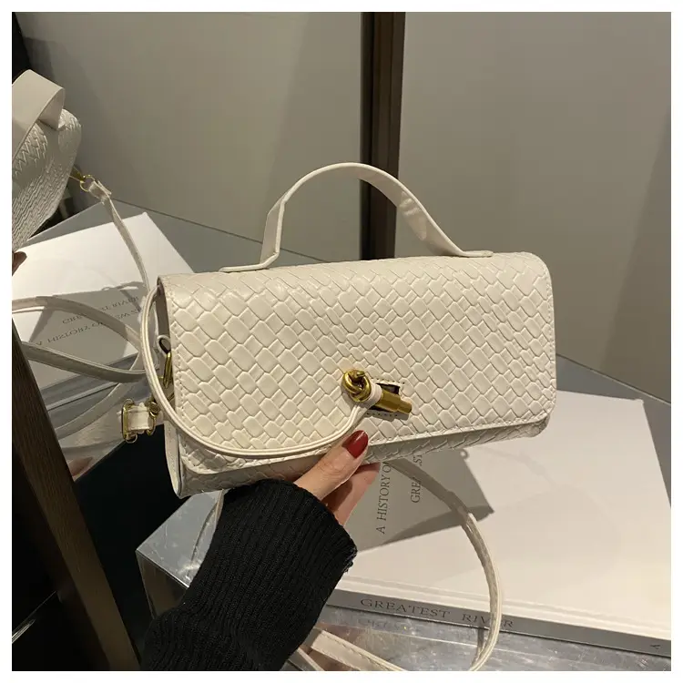 White Woven Korean Style Shoulder Bag with Gold Clasp — feature 25